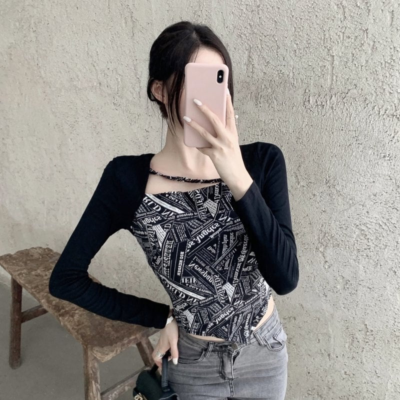Letter Printed T-shirt Women Fake Two-piece Sexy Slim Long Sleeved Tops Female Cropped Tops - MERGE.DAY.1.FREESTYLE
