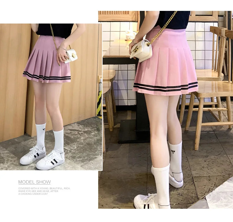 Striped Pleated Elastic Waist Female Sweet Mini Dance Plaid Skirt Y2k - MERGE.DAY.1.FREESTYLE