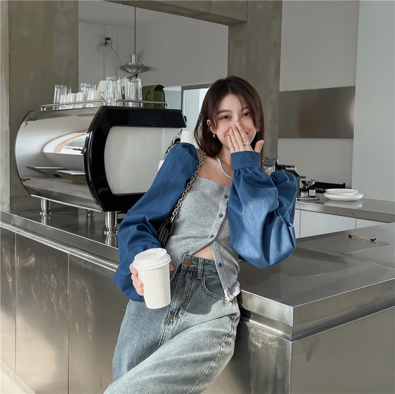 Patchwork Denim Shirts Women French Square Collar Puff Blouses Long Sleeve Crop Tops - MERGE.DAY.1.FREESTYLE