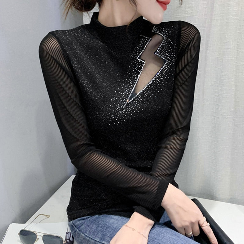 Women's Tops Shirt Casual Turtleneck Long Sleeve Hollow Out Hot Drilling Mesh T-Shirt - MERGE.DAY.1.FREESTYLE