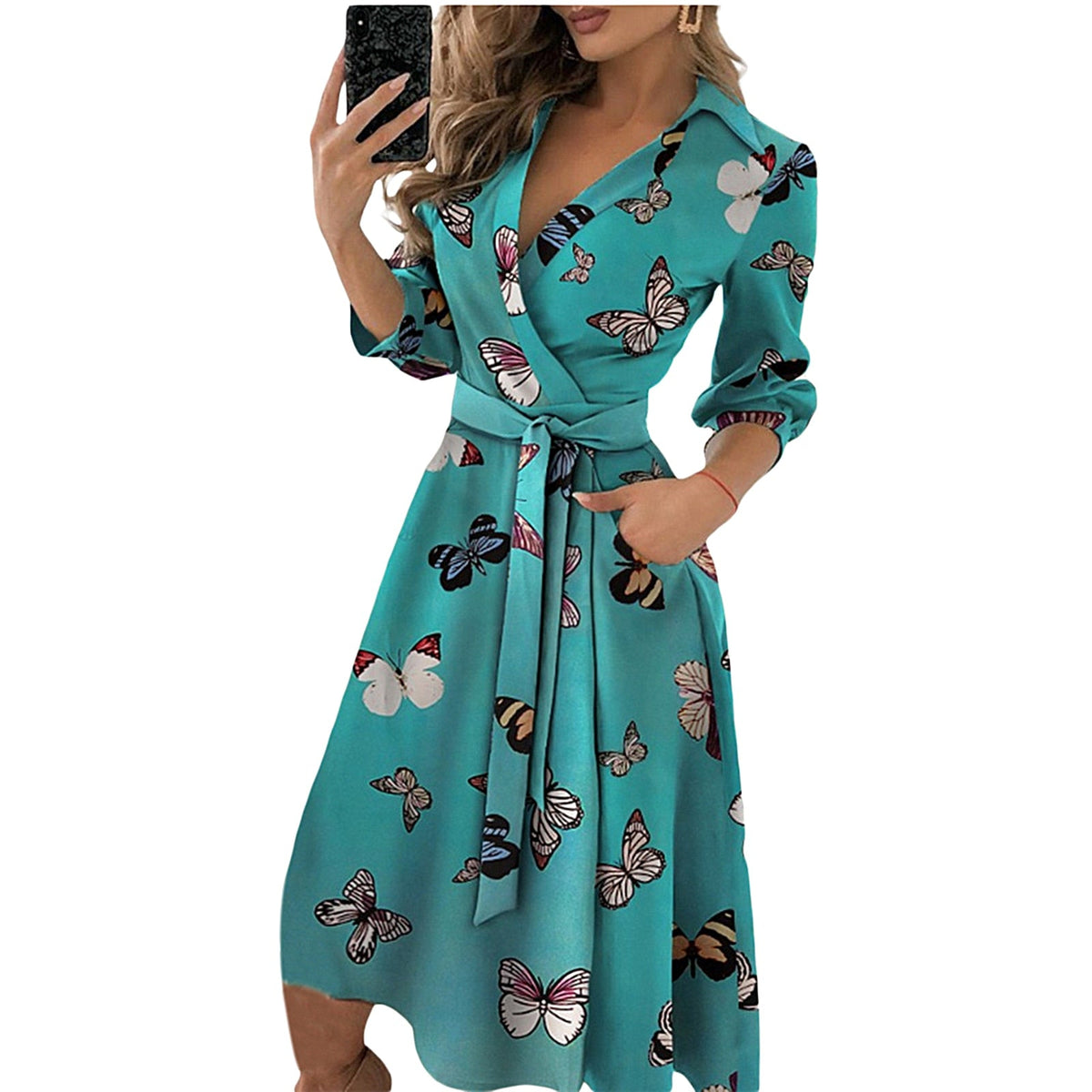Spring Summer Lady Cover Up Women's Shirt Dress Wave Print Long Sleeve V-Neck Casual Dress Plus Size - MERGE.DAY.1.FREESTYLE