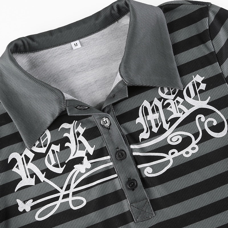 Goth Print Tops Stripe Cute T-Shirts Dark Academia Techwear Button Up V Neck Half Sleeve Sweat Shirts - MERGE.DAY.1.FREESTYLE