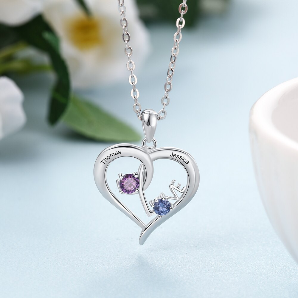 Personalized Heart Necklace with Birthstone Custom Name Engraved Pendant - MERGE.DAY.1.FREESTYLE