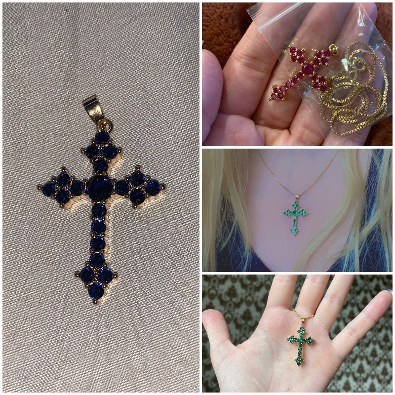 Cross Necklace Fashion White/Rose Red/Green Blue for Women Shiny Stylish Party Accessories - MERGE.DAY.1.FREESTYLE