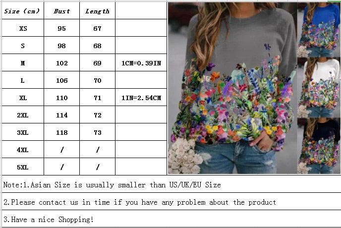 Women's Flower Print Top Loose Long-sleeved Round Neck Sweater All-match T-shirt - MERGE.DAY.1.FREESTYLE
