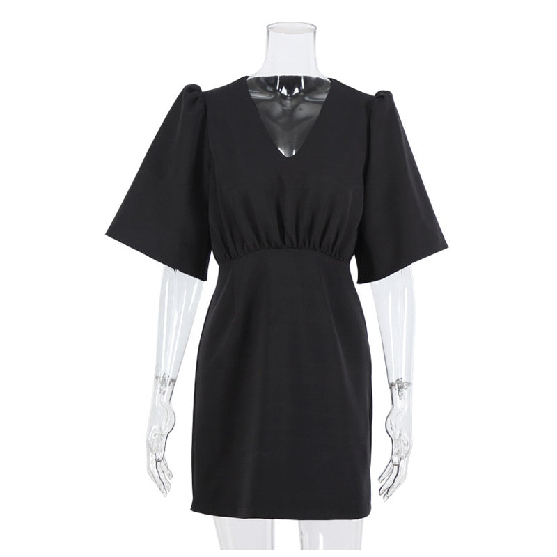 black short sleeve summer women dress 2022 Sexy V-neck solid High Street dress A-line mini Vestido - MERGE.DAY.1.FREESTYLE