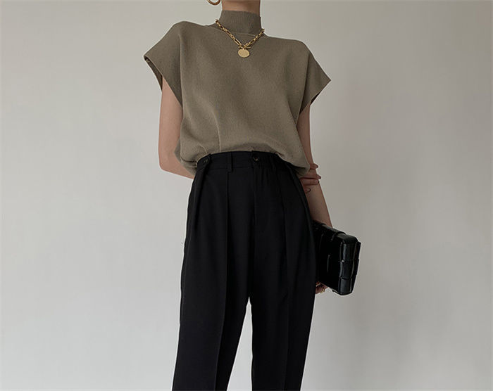 French Turtleneck Knitted Women Spring Summer Design Loose Short Sleeve Cropped Tops Female - MERGE.DAY.1.FREESTYLE