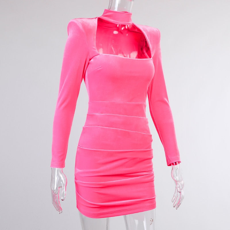 Velvet Women High Neck Long Sleeve Mini Dress Ruched Hollow Out Shoulder Pad Bodycon - MERGE.DAY.1.FREESTYLE