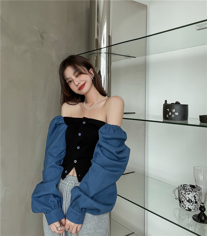 Patchwork Denim Shirts Women French Square Collar Puff Blouses Long Sleeve Crop Tops - MERGE.DAY.1.FREESTYLE