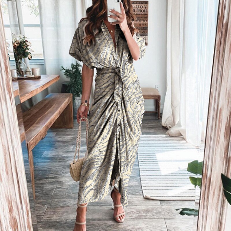 Women Summer Short Sleeve Slit Long Dress Turn-down Collar Elegant Button Draped Party Dresses - MERGE.DAY.1.FREESTYLE