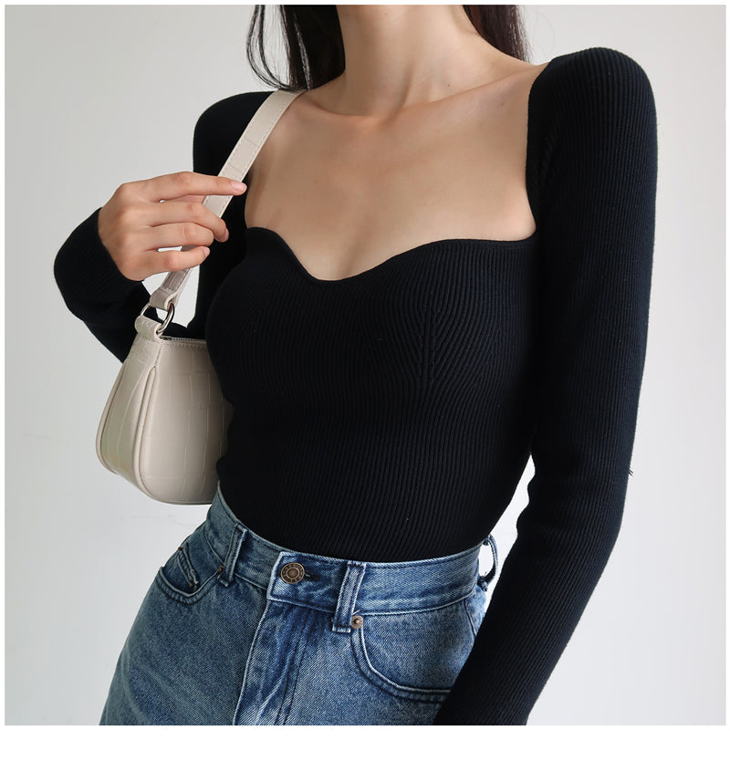 French Vintage Square Neck Knitted Tops Women Skinny Long Sleeve Pullover T-shirts Female - MERGE.DAY.1.FREESTYLE