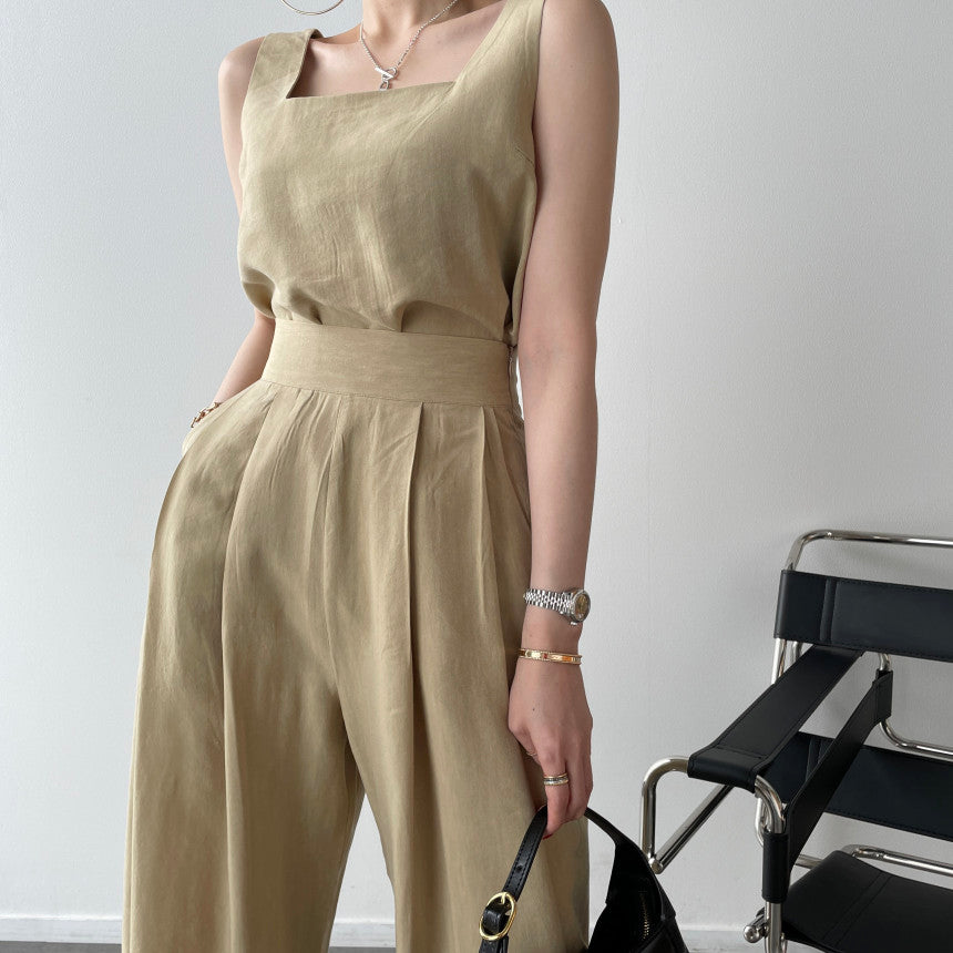 Office Ladies 2-Piece Women Square Neck Loose Vest Top + High Waist Pleated Wide Leg Pants - MERGE.DAY.1.FREESTYLE