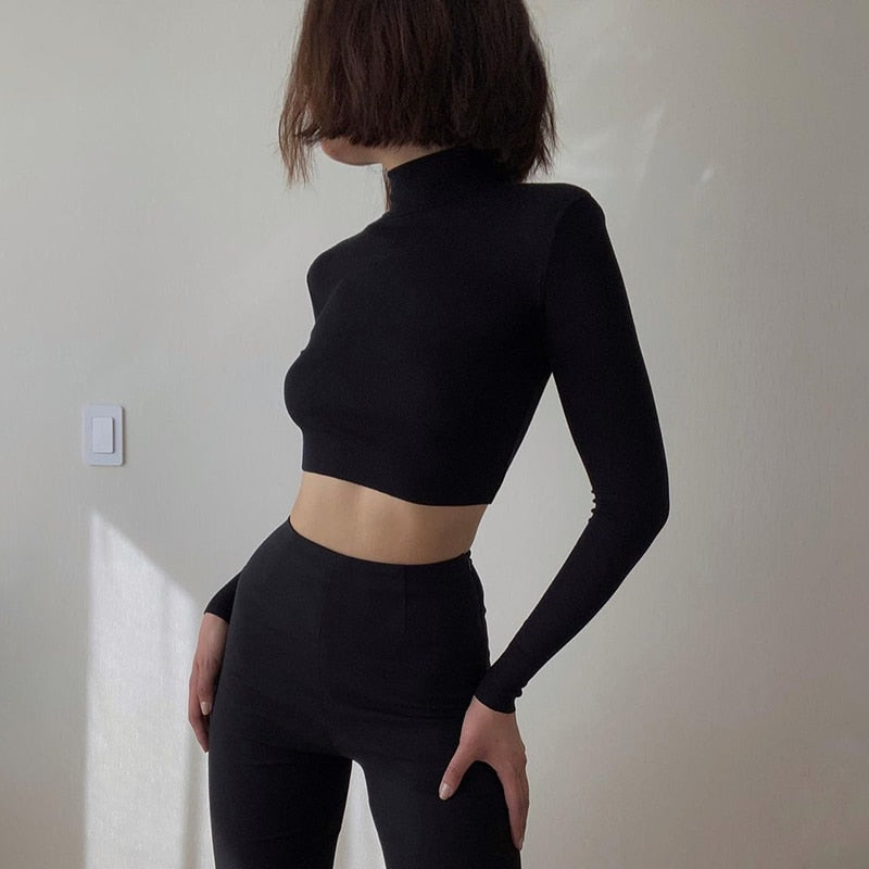 Solid Turtleneck Cropped T Shirt Women Autumn Casual Long Sleeve Ladies Skinny Basic - MERGE.DAY.1.FREESTYLE