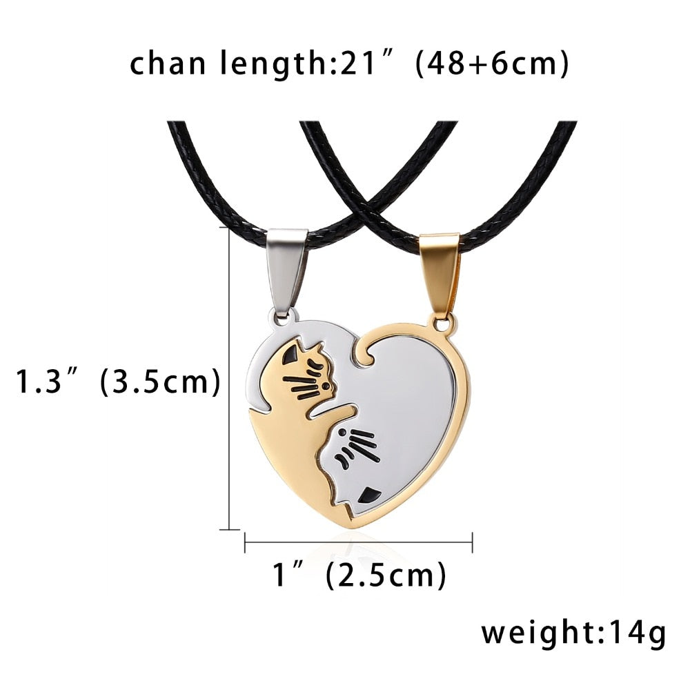 Black White Cat Stitching Necklace Friendship Heart Shape Gold White Cat Cute Couple Jewelry - MERGE.DAY.1.FREESTYLE