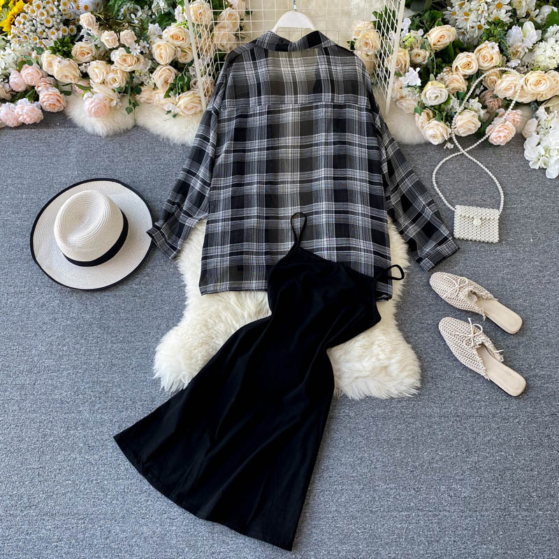 Two Piece Set Long Sleeve Plaid Grey Overcoats Spaghetti Strap Slim Dress - MERGE.DAY.1.FREESTYLE