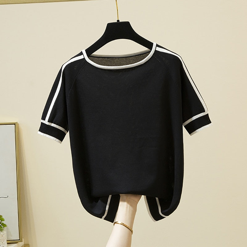 Thin Knitted T Shirt Women Short Sleeve Summer Tops Woman Clothes Striped Fashion T-Shirt - MERGE.DAY.1.FREESTYLE