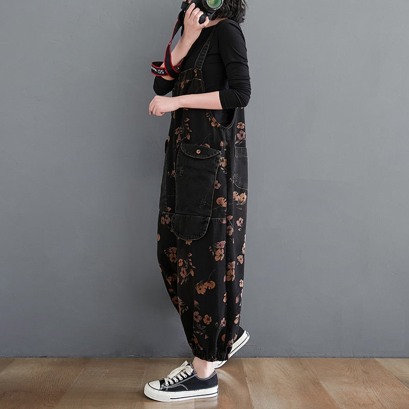 Loose Jeans Black Jumpsuit Casual Ladies Big Pockets Print Floral Denim Overalls Straps Rompers - MERGE.DAY.1.FREESTYLE