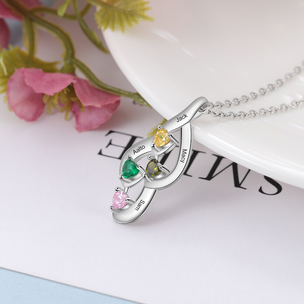 925 Sterling Silver Mother Necklace with 4 Custom Birthstones Name Heart Necklaces - MERGE.DAY.1.FREESTYLE