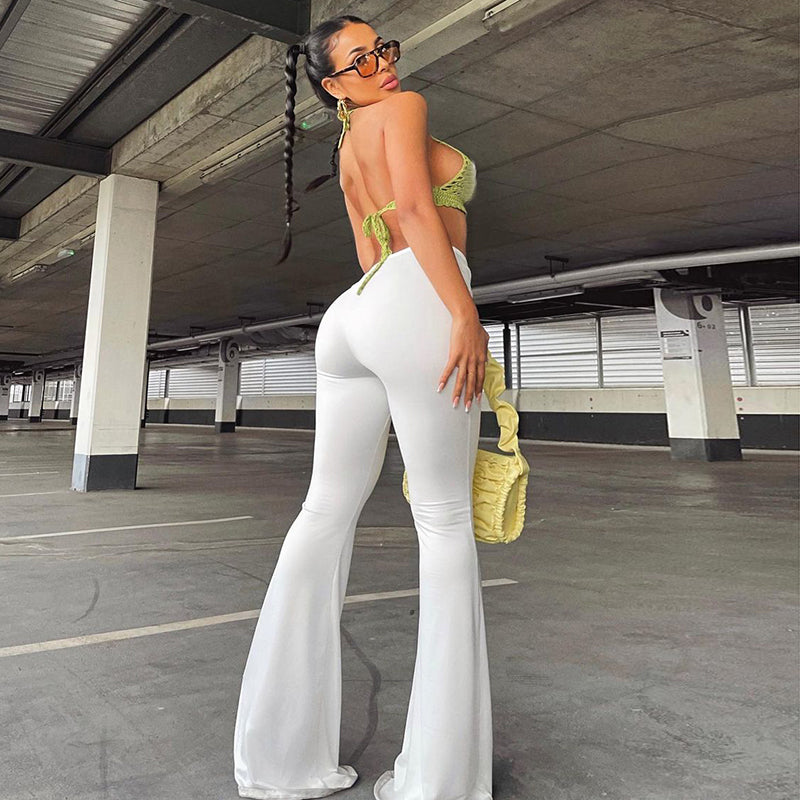 Women Slim Flare Pants Low Waist Drawstring Ruched Wide Leg White Trousers Joggers Sweatpants - MERGE.DAY.1.FREESTYLE