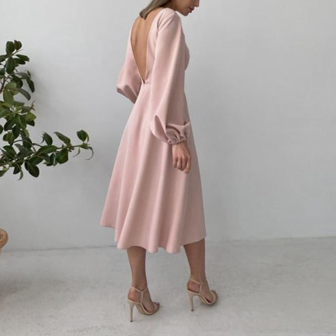 Sexy Backless Midi Long Dresses Lantern Sleeve O-Neck Autumn Folds A-Line For Women - MERGE.DAY.1.FREESTYLE