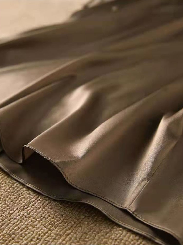 Silk Thin Short Sleeve Tees Style Slip Woman Summer Clothes Brown Tops Solid Loose Casual - MERGE.DAY.1.FREESTYLE
