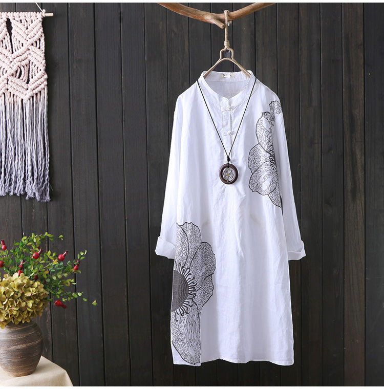 Cotton Shirt Long Sleeve Embroidery Blouse Stand Collar Loose Long Top Office Lady Casual Wear - MERGE.DAY.1.FREESTYLE