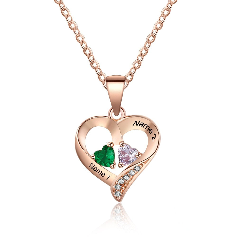 925 Sterling Silver Name Necklace with 2 Birthstones Custom Engraved Heart Pendant - MERGE.DAY.1.FREESTYLE