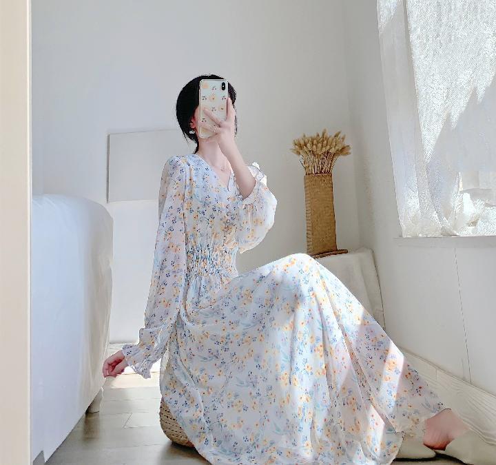 V-neck Chiffon Floral Dress Women Spring Summer Fairy Long Dresses Female - MERGE.DAY.1.FREESTYLE