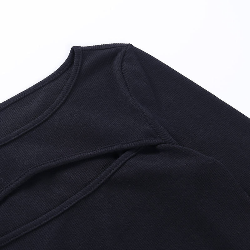 Sexy Hollow Out Slim Fit Long Sleeve Casual Round Neck Shirt Solid Black Tops T Shirt - MERGE.DAY.1.FREESTYLE