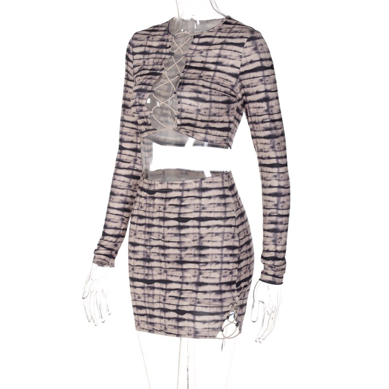 Print Satin Long Sleeve Bandage Crop Top Mini Dress 2 Pieces Set - MERGE.DAY.1.FREESTYLE