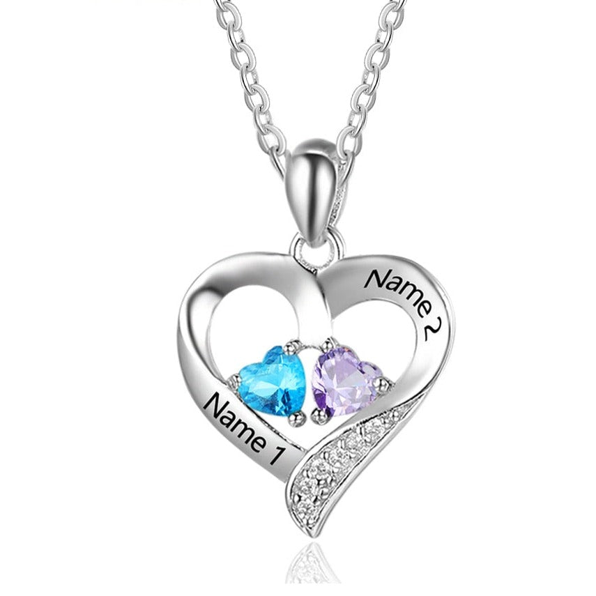 925 Sterling Silver Name Necklace with 2 Birthstones Custom Engraved Heart Pendant - MERGE.DAY.1.FREESTYLE