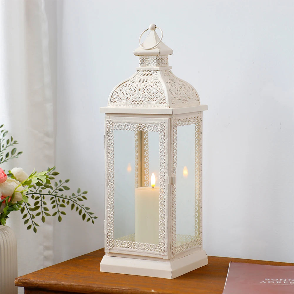 Rustic Style White Metal Candle Lantern Large Decorative Candlestick Holder with Tempered Glass for Home Decor - MERGE.DAY.1.FREESTYLE