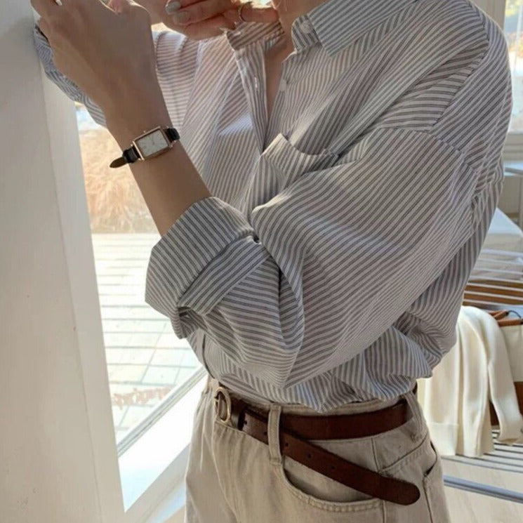 Striped Blouses Turn-down Collar Long Sleeve Loose Female Shirts Casual Tops - MERGE.DAY.1.FREESTYLE