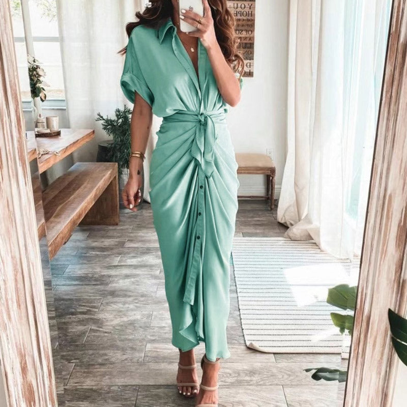 Vestido largo elegante de verano para mujer, de manga corta, con abertura, cuello tipo polo, botones y drapeado para fiesta
