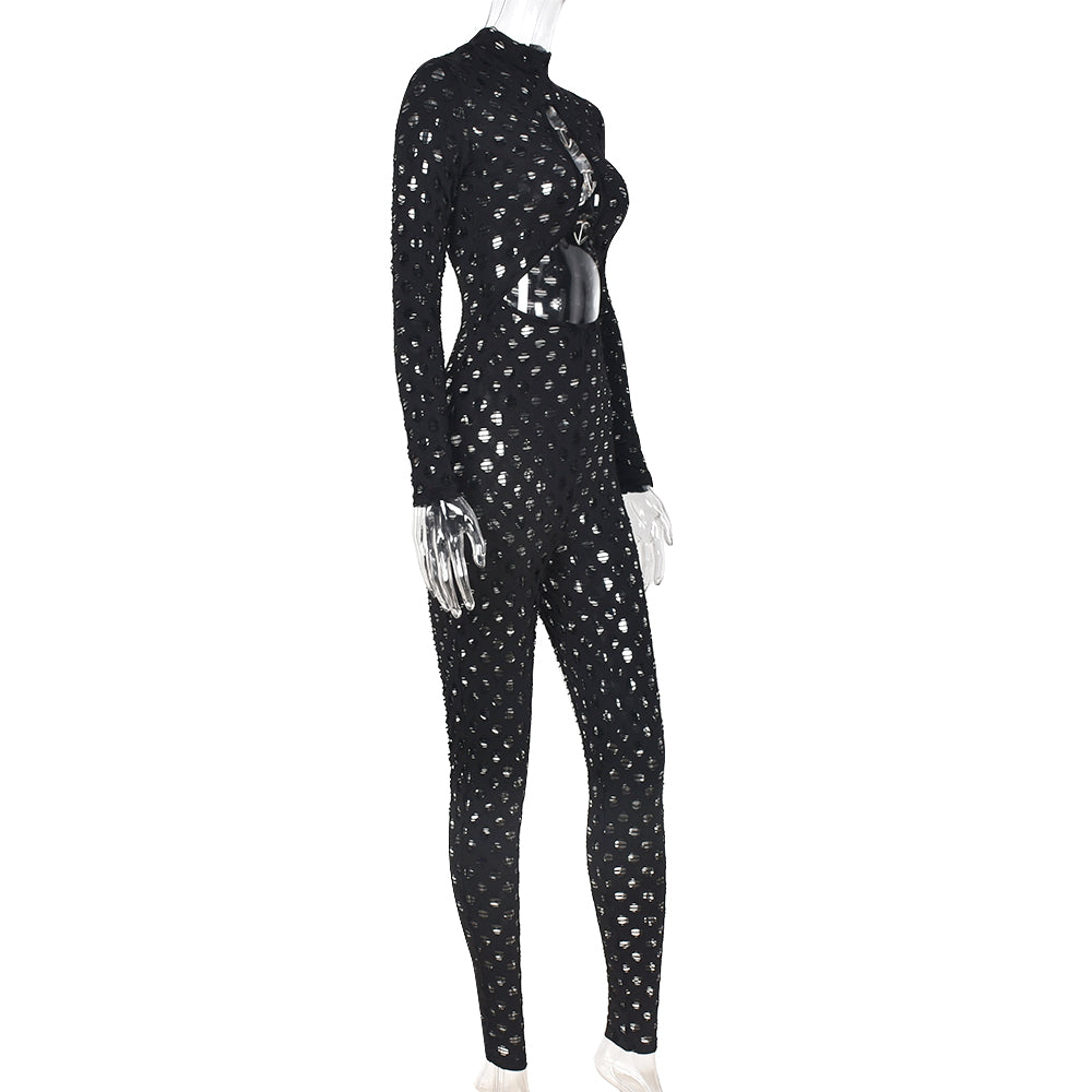Sexy Hollow Out See Through Long Sleeve Jumpsuits Women Hole Grunge Skinny One Piece Rompers - MERGE.DAY.1.FREESTYLE