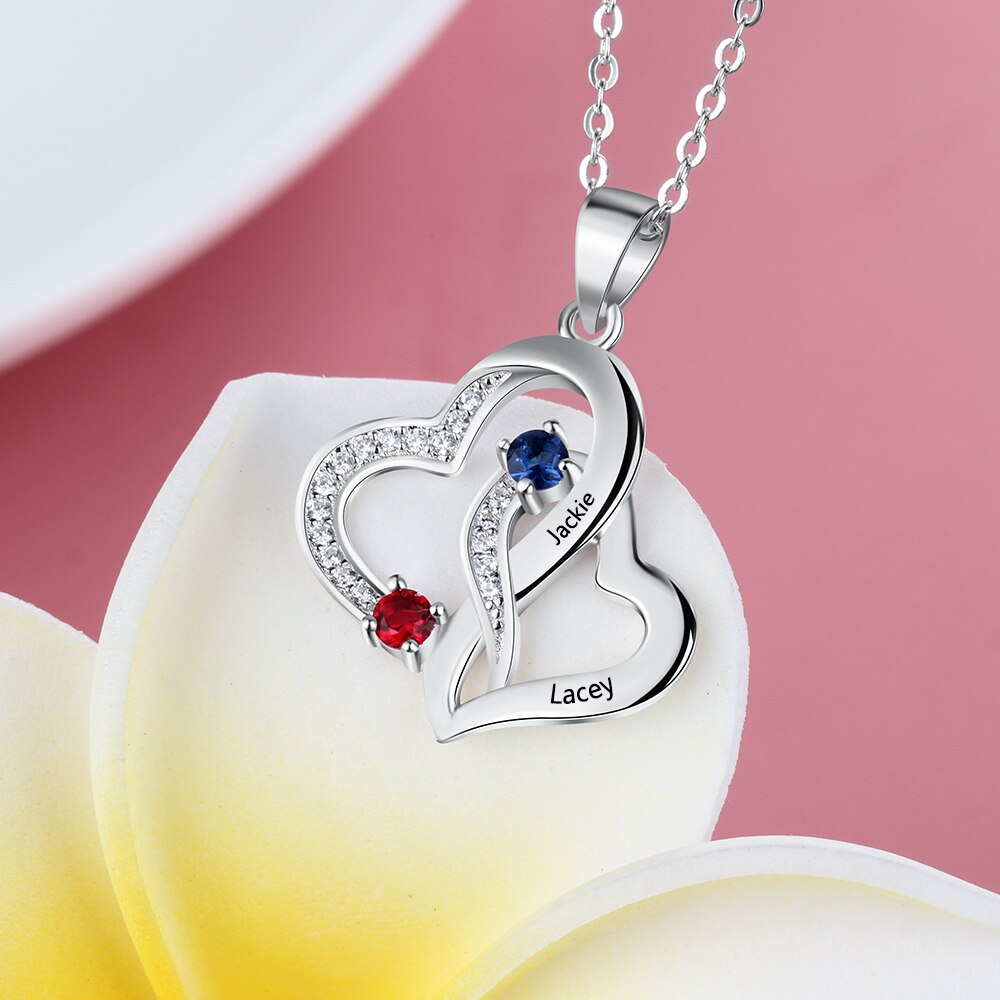 Customized 2 Birthstones Intertwined Heart Necklace Wedding Jewelry - MERGE.DAY.1.FREESTYLE