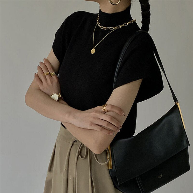 French Turtleneck Knitted Women Spring Summer Design Loose Short Sleeve Cropped Tops Female - MERGE.DAY.1.FREESTYLE