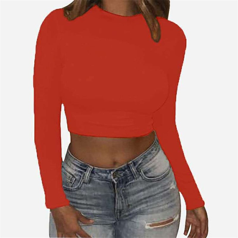 Women Sexy Bodycon T Shirt Long Sleeve O-neck Crop Top Modis Sheath T Shirt - MERGE.DAY.1.FREESTYLE