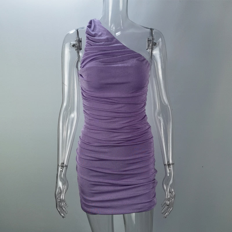 Elegant One Shoulder Party Dresses For Women Sleeveless Ruched Bodycon Dress Sexy Mini Summer Dress - MERGE.DAY.1.FREESTYLE