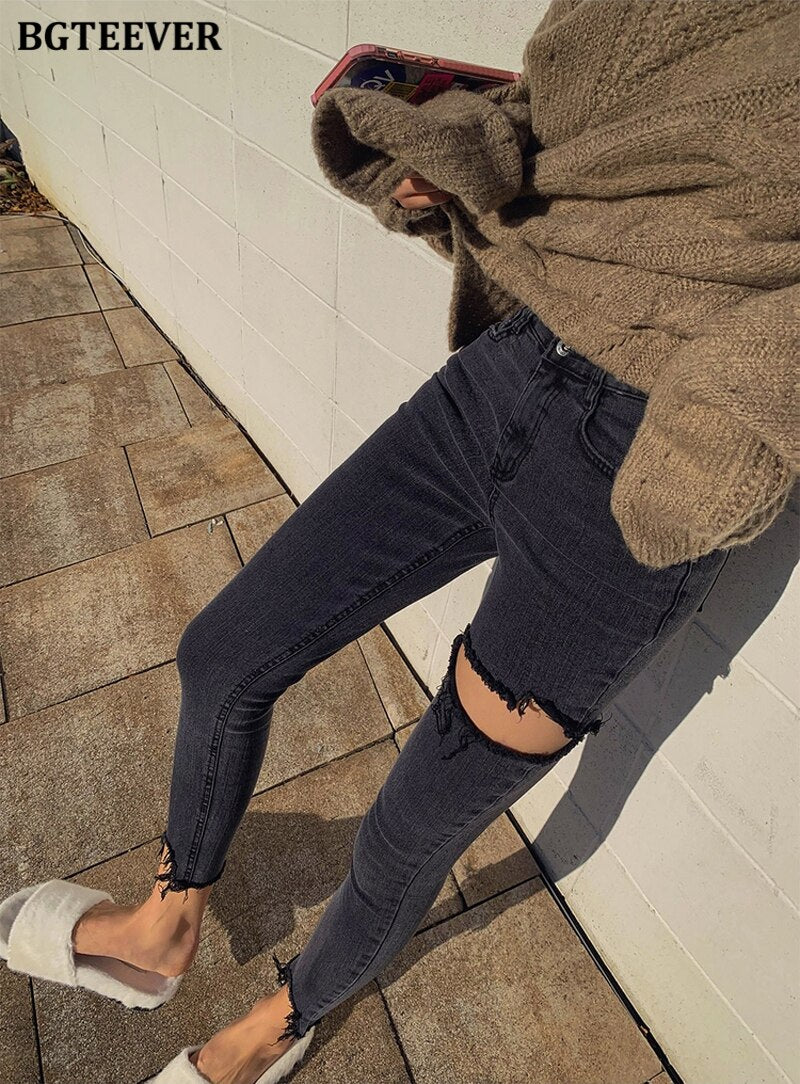 Irregular Ripped Holes Women Pencil Denim Jeans Stylish High Waist Stretched - MERGE.DAY.1.FREESTYLE