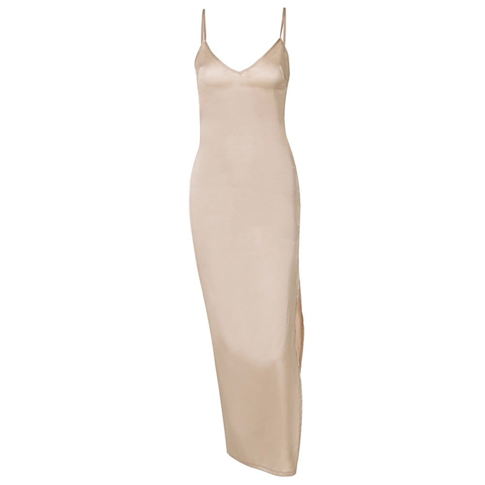 Spring Summer Women Satin Silky Spaghetti Strap Split Long Dress Elegant Sleeveless Backless Sexy Vestito - MERGE.DAY.1.FREESTYLE
