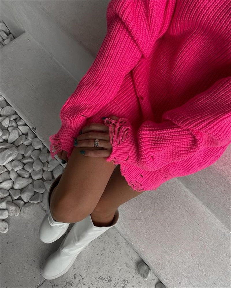 O Neck Oversized Mini Knitted Women Sweater Loose Dresses Autumn Winter Long Sleeve - MERGE.DAY.1.FREESTYLE