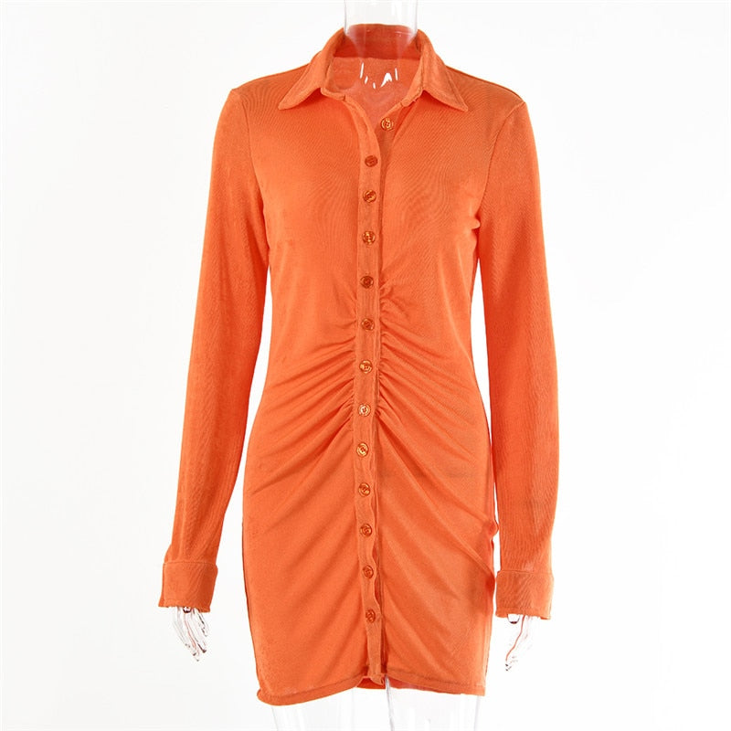 Autumn Ruched Long Sleeve Bodycon Dress Women Turn-Down Collar Sexy Mini Dress Vestidos 2022 - MERGE.DAY.1.FREESTYLE