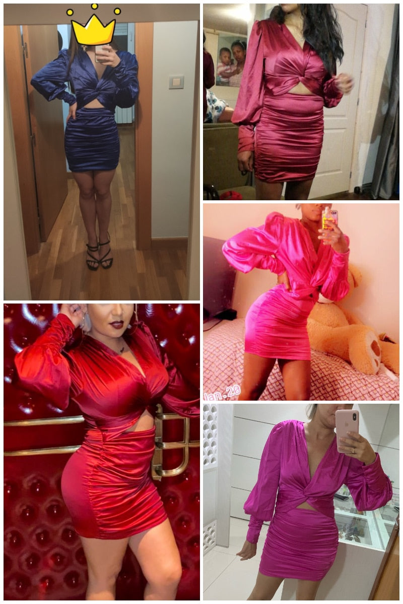 deep v neck bodycon dress Party club hollow out mini dress Elegant lantern sleeve satin dress - MERGE.DAY.1.FREESTYLE