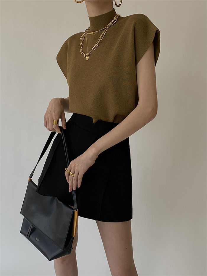 French Turtleneck Knitted Women Spring Summer Design Loose Short Sleeve Cropped Tops Female - MERGE.DAY.1.FREESTYLE