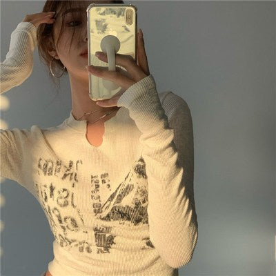 Knitted Crop Top Vintage Aesthetic Letter Printed Long Sleeve T-Shirts Sexy Slim Fit Tee Tops - MERGE.DAY.1.FREESTYLE