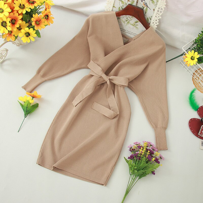 Autumn Women Sexy Elegant Knitted Dress Backless V Neck Sash Tie Up High Waist Dresses - MERGE.DAY.1.FREESTYLE