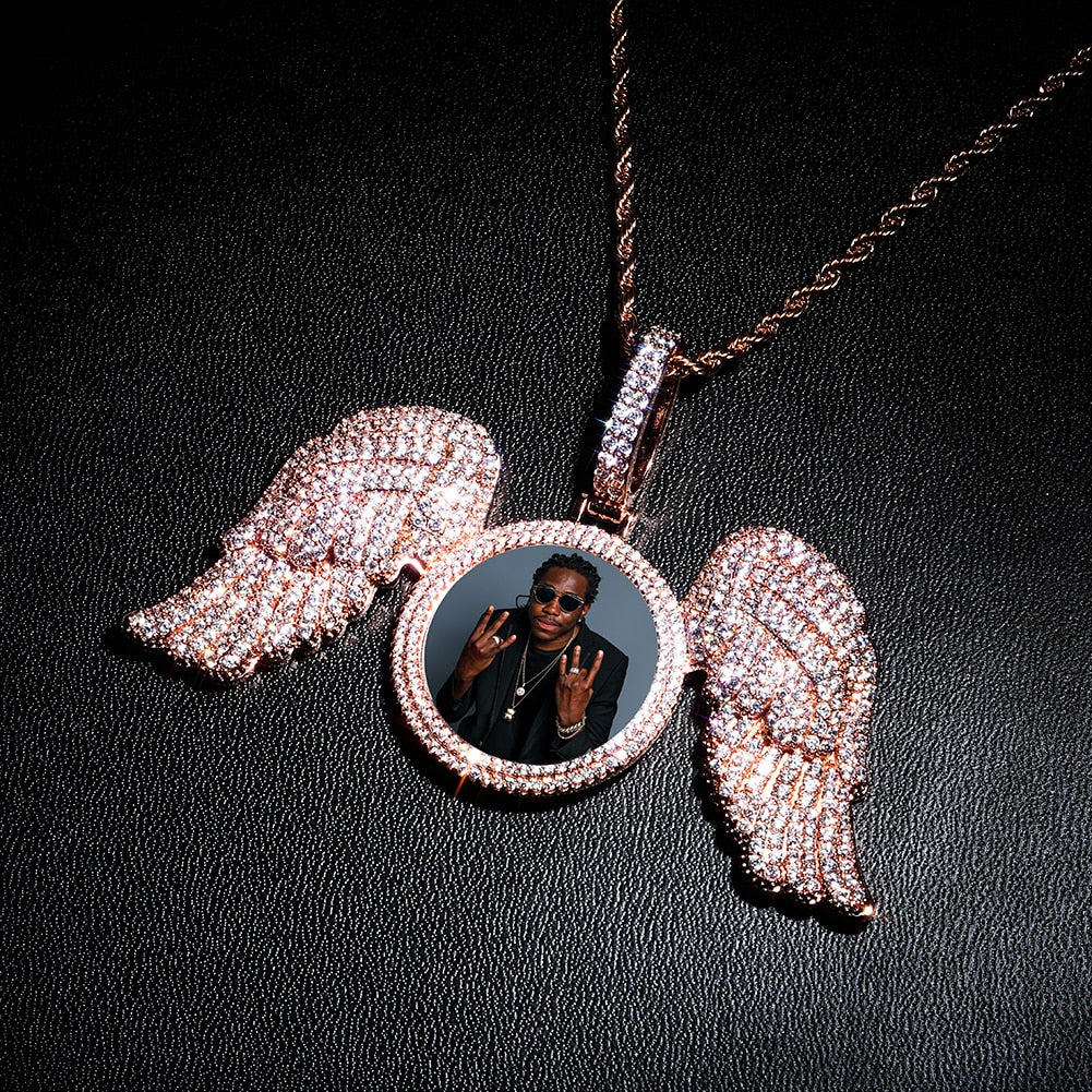 Angel Wings Custom Photo Medallion Necklace Iced Out Cubic Zirconia Pendant Hip Hop Jewelry - MERGE.DAY.1.FREESTYLE