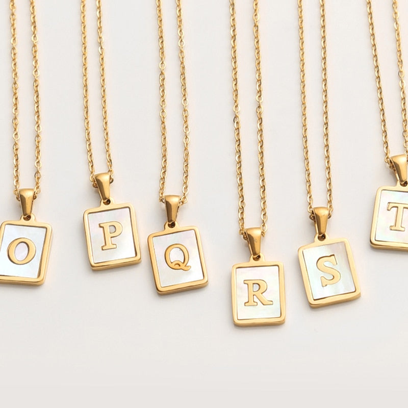 18K Golden Chain Necklaces Male Square Natural Shell Initial Letters Pendant Stainless Steel Jewelry - MERGE.DAY.1.FREESTYLE