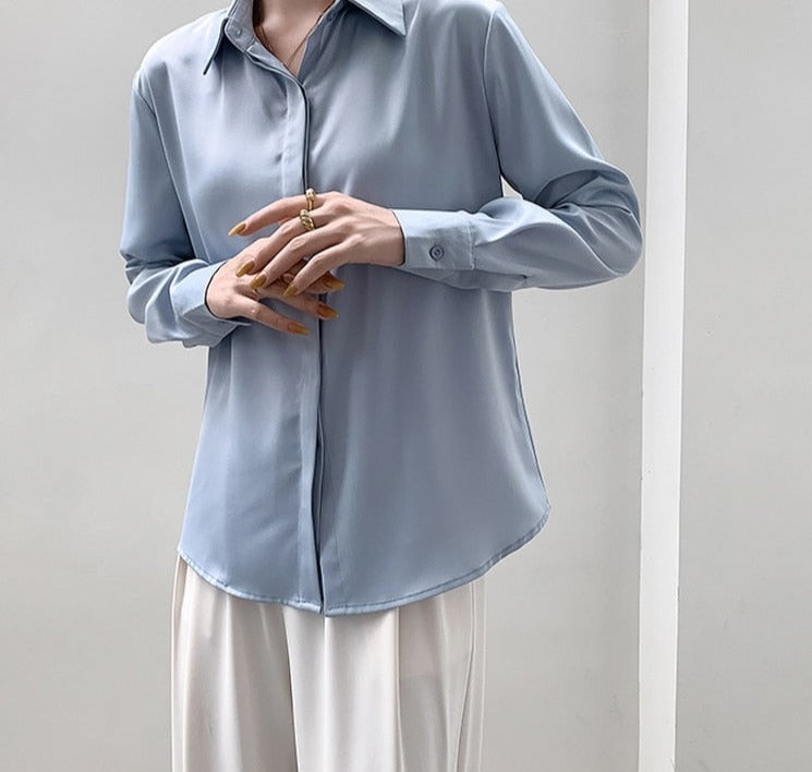Spring Loose Women Satin Blouses Long Sleeve Single-breasted Female Shirts Top - MERGE.DAY.1.FREESTYLE